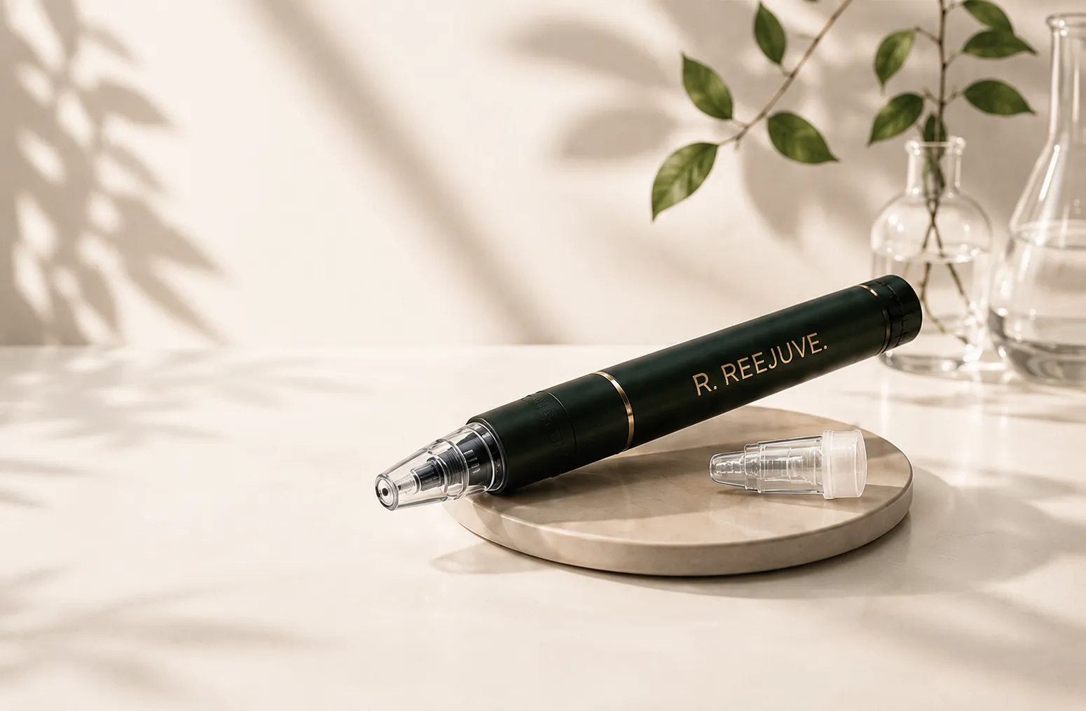 R. Reejuve peptide pen on marble tray with botanicals