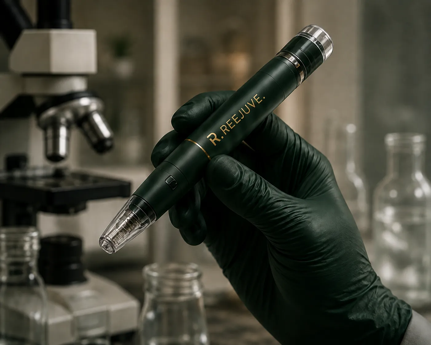 Scientist holding R. Reejuve peptide pen in a laboratory